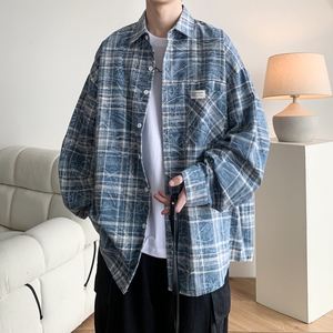 新款港风大码印花格子长袖衬衫衬衣男C622 P58 控88 成分棉100图片