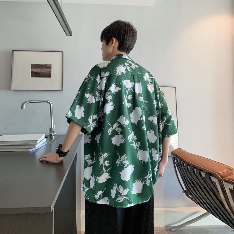 新款港风宽松男冰丝轻熟店主风痞帅短袖衬衫大码C612P40控58,男装T恤,电商A029