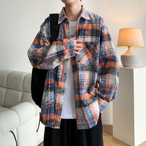 新款高街时尚港风印花风格格子长袖衬衫衬衣男C620 P55 控78图片