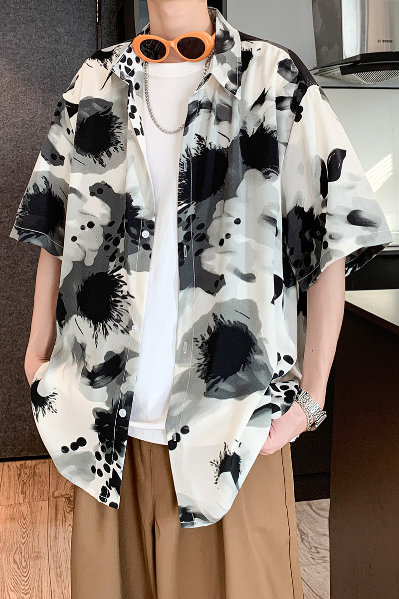 酒店风夏冰丝二开港风大码复古碎花短袖衬衫花衬衣男C658P40控58,男装衬衫,电商A029