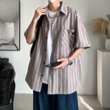 新款港风大码新款男士短袖衬衫条纹衬衫男C605P45控58，男装T恤，电商A029