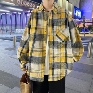 港风大码宽松印花风格格子长袖衬衫衬衣男C620P55控78