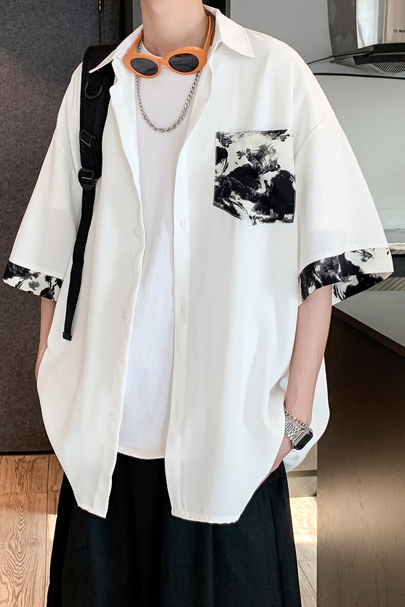 夏二开冰丝港风大码撞色复古花短袖衬衫花衬衣男C657P40控58,男装衬衫,电商A029