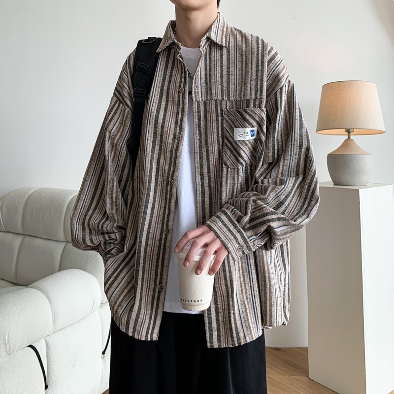 冬新款大码港风条纹长袖衬衫衬衣外套男C627P55控78,男装衬衫,电商A029
