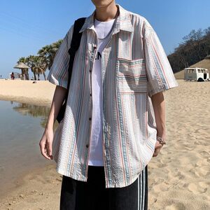 夏季外景新款港风大码男士短袖衬衫条纹衬衫男C616P45控58