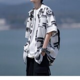 夏季相机片港风大码外景短袖衬衫花衬衣条纹衬衫C609P40控58，男装T恤，电商A029