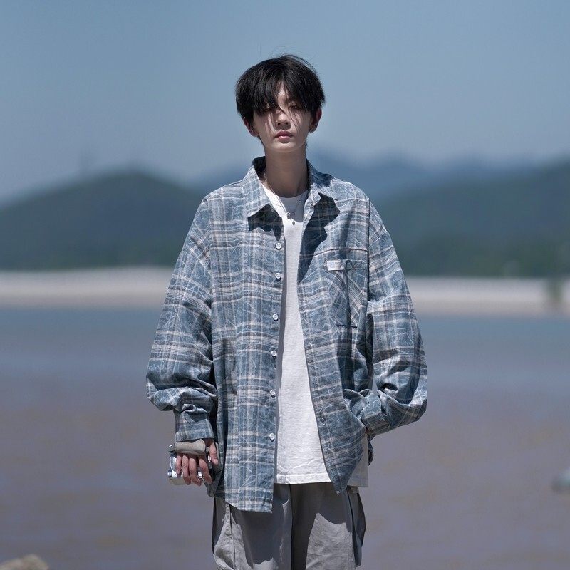 新款港风大码印花格子长袖衬衫衬衣C622P58控88成分棉100，男装衬衫，电商A029