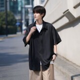 早起风格冰丝二开港风大码纯色短袖衬衫白衬衣男C655P35控48，男装T恤，电商A029