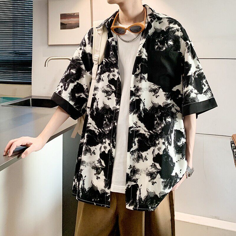 夏二开冰丝港风大码撞色复古短袖花衬衫花衬衣男C657P40控58，男装T恤，电商A029