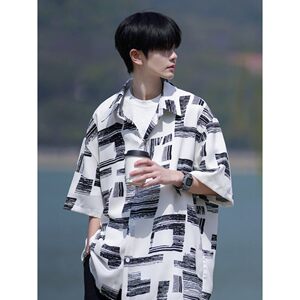夏季相机片港风大码外景短袖衬衫花衬衣条纹衬衫 C609 P40 控58图片