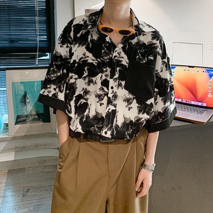夏二开冰丝港风大码撞色复古短袖花衬衫花衬衣男C657 P40 控58图片