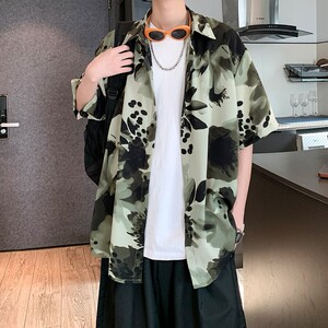 酒店风夏冰丝二开港风大码复古碎花短袖衬衫花衬衣男C658 P40控58图片
