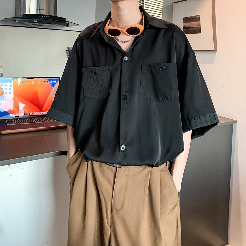 酒店风二开港风大码冰丝拼接短袖衬衫纯色衬衣男C656P45控58,男装T恤,电商A029