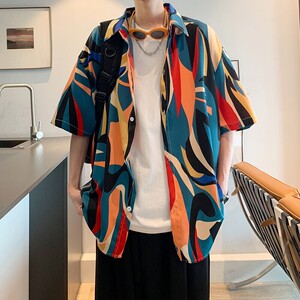 酒店风二开冰丝港风大码复古碎花短袖衬衫花衬衣男C651 P40 控58图片