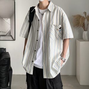 新款港风大码新款男士短袖衬衫条纹衬衫男C605P45控58