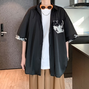 夏二开冰丝港风大码撞色复古短袖花衬衫花衬衣男C657 P40 控58图片