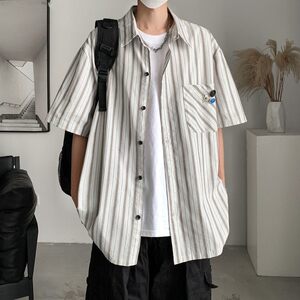 新款港风大码新款男士短袖衬衫条纹衬衫男C605P45控58