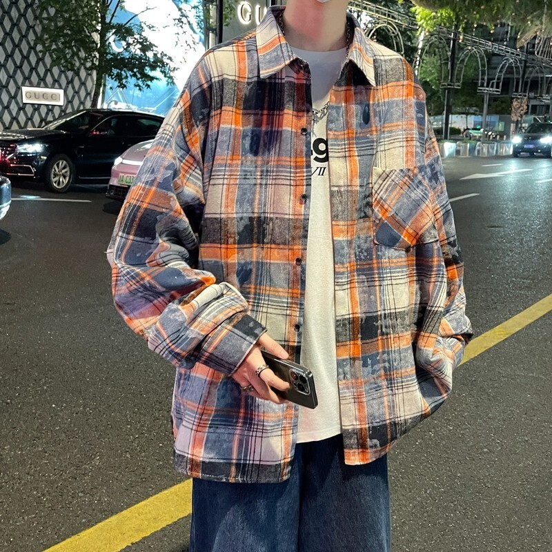 港风大码宽松印花风格格子长袖衬衫衬衣男C620P55控78,男装衬衫,电商A029