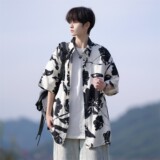 南亚风夏季冰丝港风大码复古碎花短袖衬衫花衬衣男C650P40控58，男装T恤，电商A029