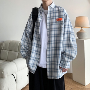 日系蓝色格子衬衫男款高级感痞帅长袖外套青少年古着vintage衬衣图片