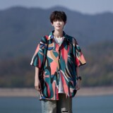 夏季二开冰丝港风大码复古碎花短袖衬衫花衬衣男C651P40控58，男装T恤，电商A029