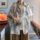 新款冰丝速干轻熟店主风痞帅港风花短袖衬衫大码C615P40控58，男装T恤，电商A029