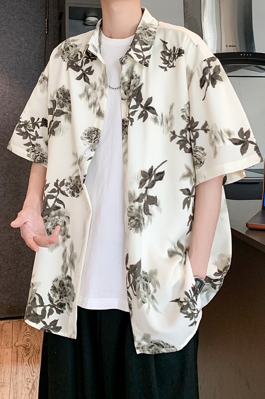 酒店风夏二开冰丝港风大码复古碎花衬衫花衬衣男C659P40控58,男装衬衫,电商A029