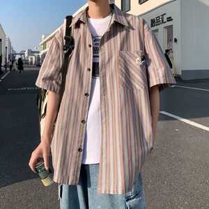 新款外景港风大码新款男士短袖衬衫条纹衬衫男C605 P45 控58图片