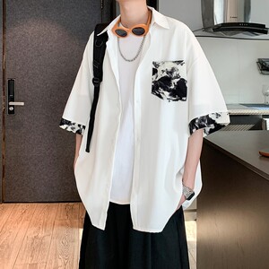 夏二开冰丝港风大码撞色复古短袖花衬衫花衬衣男C657 P40 控58图片