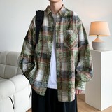 新款高街时尚港风印花风格格子长袖衬衫衬衣男C620P55控78，男装衬衫，电商A029