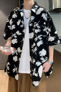 新款港风宽松男冰丝轻熟店主风痞帅短袖衬衫大码  C612 P40 控58图片