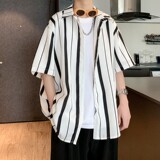 夏季新款港风大码条纹短袖衬衫C613P40控58，男装T恤，电商A029