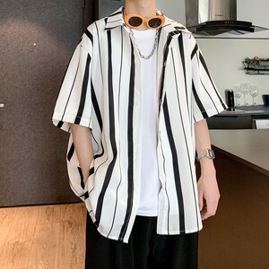 夏季新款港风大码条纹短袖衬衫 C613 P40 控58图片