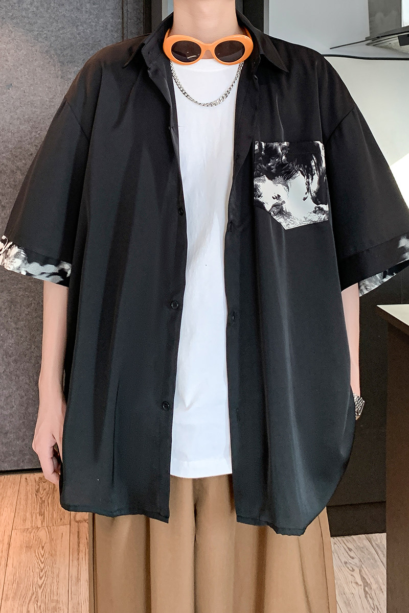 夏二开冰丝港风大码撞色复古短袖花衬衫花衬衣男C657P40控58,男装衬衫,电商A029