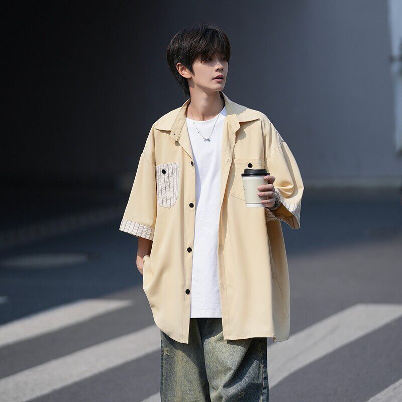 早期风二开港风大码冰丝拼接短袖衬衫纯色衬衣男C656P45控58，男装T恤，电商A029