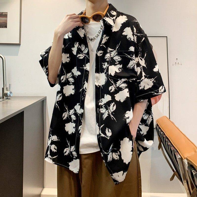 新款港风宽松男冰丝轻熟店主风痞帅短袖衬衫大码C612P40控58,男装T恤,电商A029
