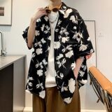 新款港风宽松男冰丝轻熟店主风痞帅短袖衬衫大码C612P40控58，男装T恤，电商A029