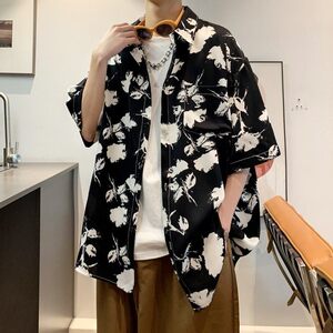 新款港风宽松男冰丝轻熟店主风痞帅短袖衬衫大码  C612 P40 控58图片