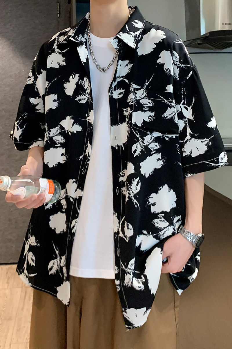 新款港风宽松男冰丝轻熟店主风痞帅短袖衬衫大码C612P40控58,男装T恤,电商A029