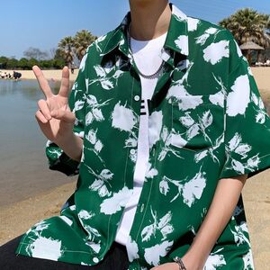 新款港风宽松男冰丝轻熟店主风痞帅短袖衬衫大码  C612 P40 控58图片