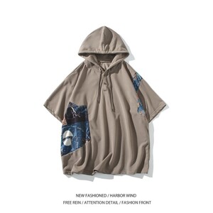 撞色二开夏季新款白底平铺大码连帽i短袖T恤卫衣男T533 p48 控68图片