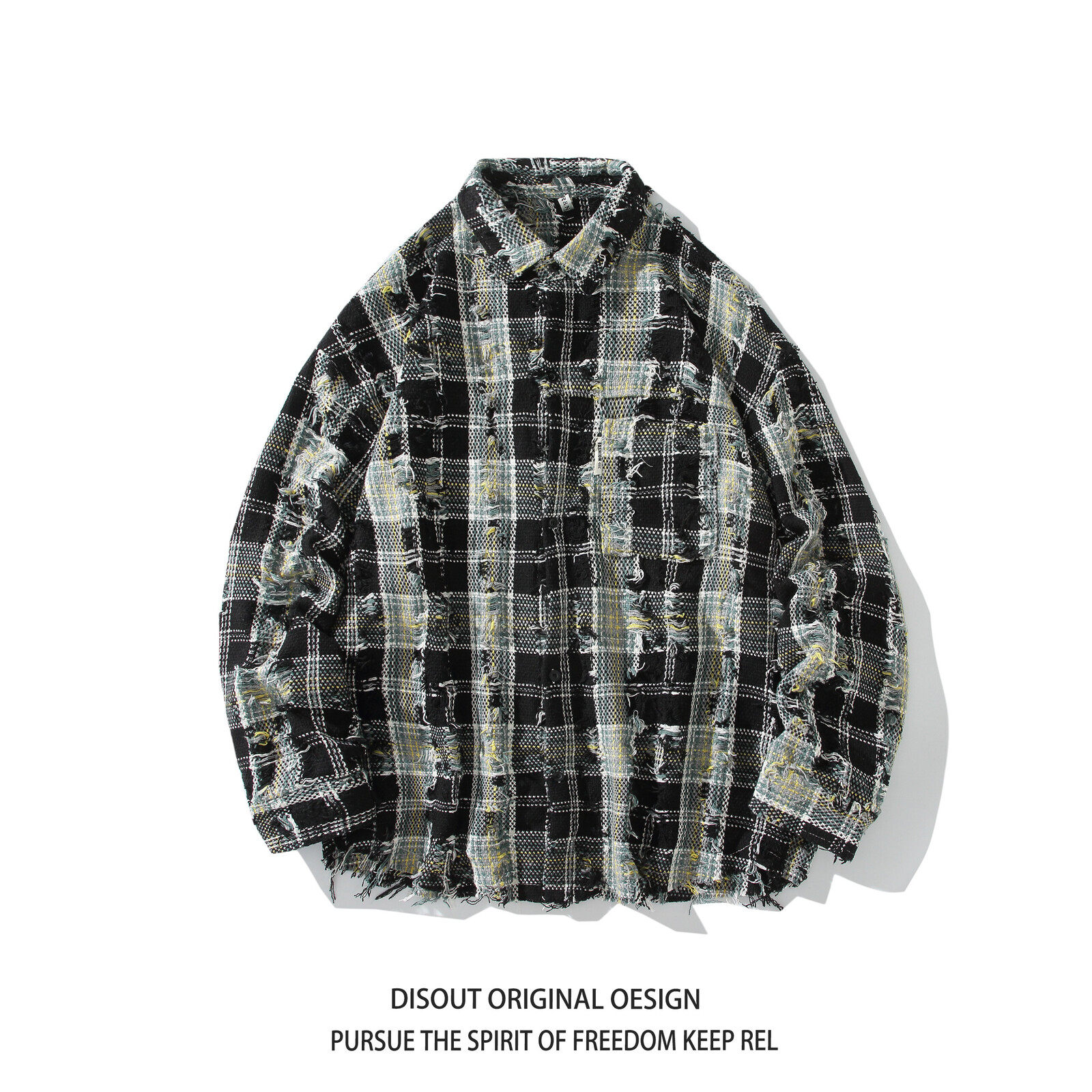 24冬新款白底日系港风破洞格子长袖衬衫衬衣外套男C626P78控108，男装衬衫，电商A029