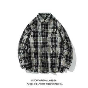 24冬新款白底日系港风破洞格子长袖衬衫衬衣外套男C626 P78 控108，男装衬衫，电商A029