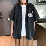 夏二开冰丝港风大码撞色复古短袖花衬衫花衬衣男C657P40控58，男装T恤，电商A029