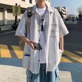 夏季外景新款港风大码男士短袖衬衫条纹衬衫男C616P45控58，男装T恤，电商A029
