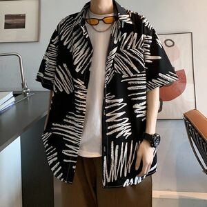 新款港风男士休闲轻熟店主风痞帅短袖衬衫大码花  C611 P40 控58图片