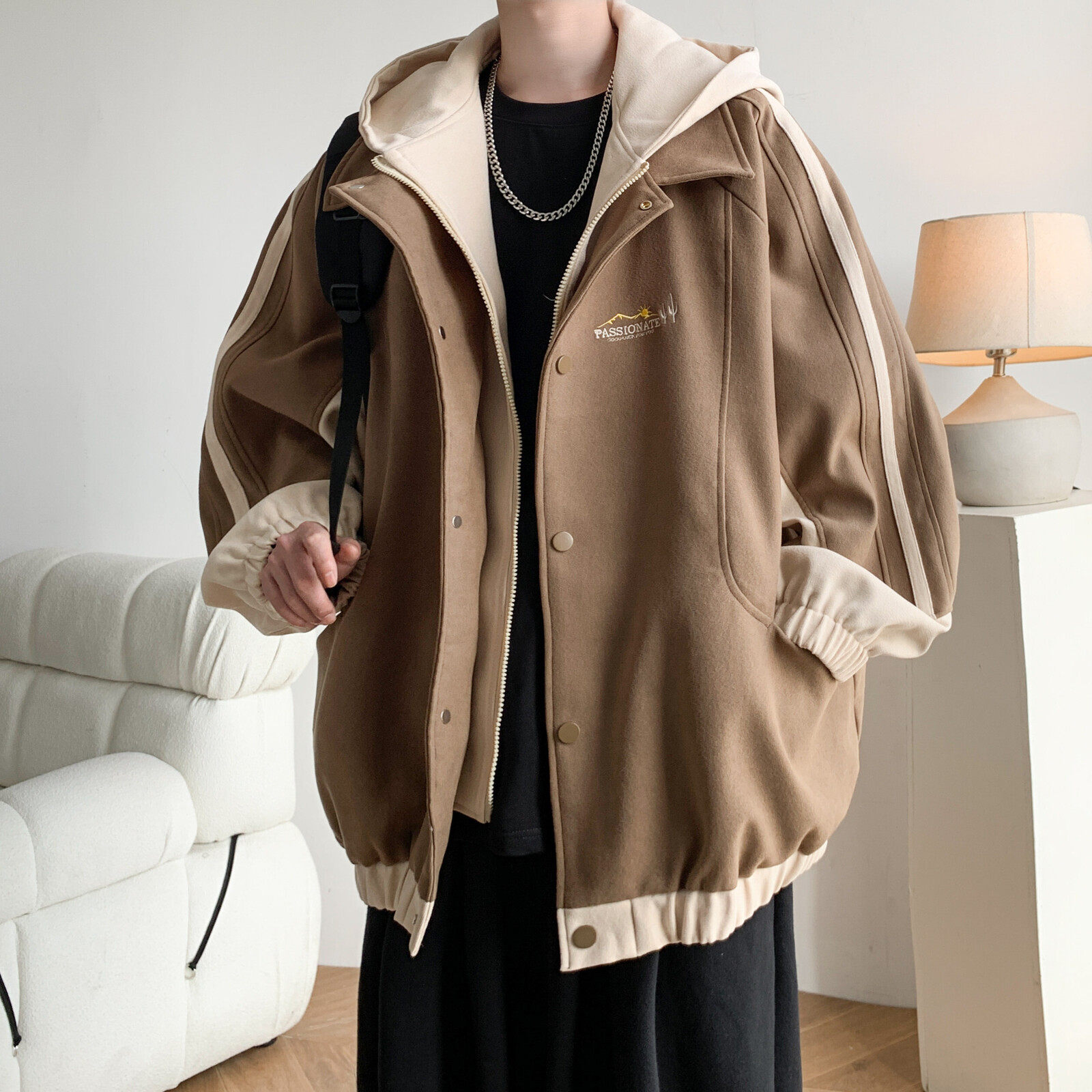 原创抖音港风相机片大码连帽假两件夹克外套男J875P88控138，男装夹克，电商A029