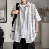 夏季新款港风大码士短袖衬衫条纹衬衫C616P45控58，男装T恤，电商A029
