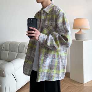 2025新款港风大码印花格子长袖衬衫衬衣男C621 P55 控78图片