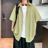 小清新冰丝二开港风大码纯色短袖衬衫白衬衣男C655P35控48，男装T恤，电商A029